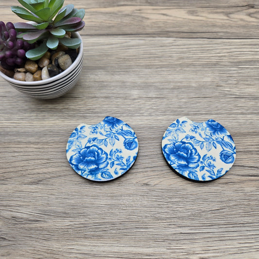 Toile Flowers, Set of 2 Neoprene Car Coasters