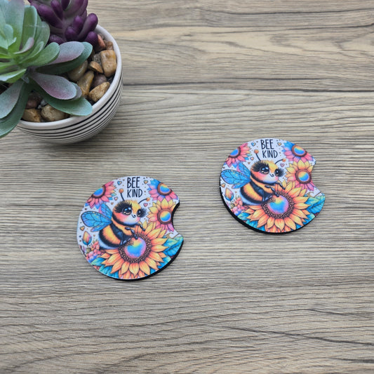 Bee Kind Rainbow Sunflowers, Set of 2 Neoprene Car Coasters