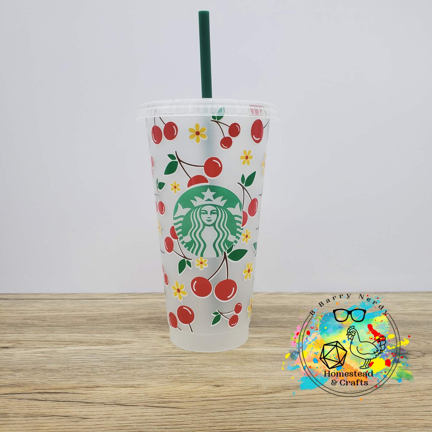 Cherries with Flowers, 24oz Starbucks Cold Cup with Straw