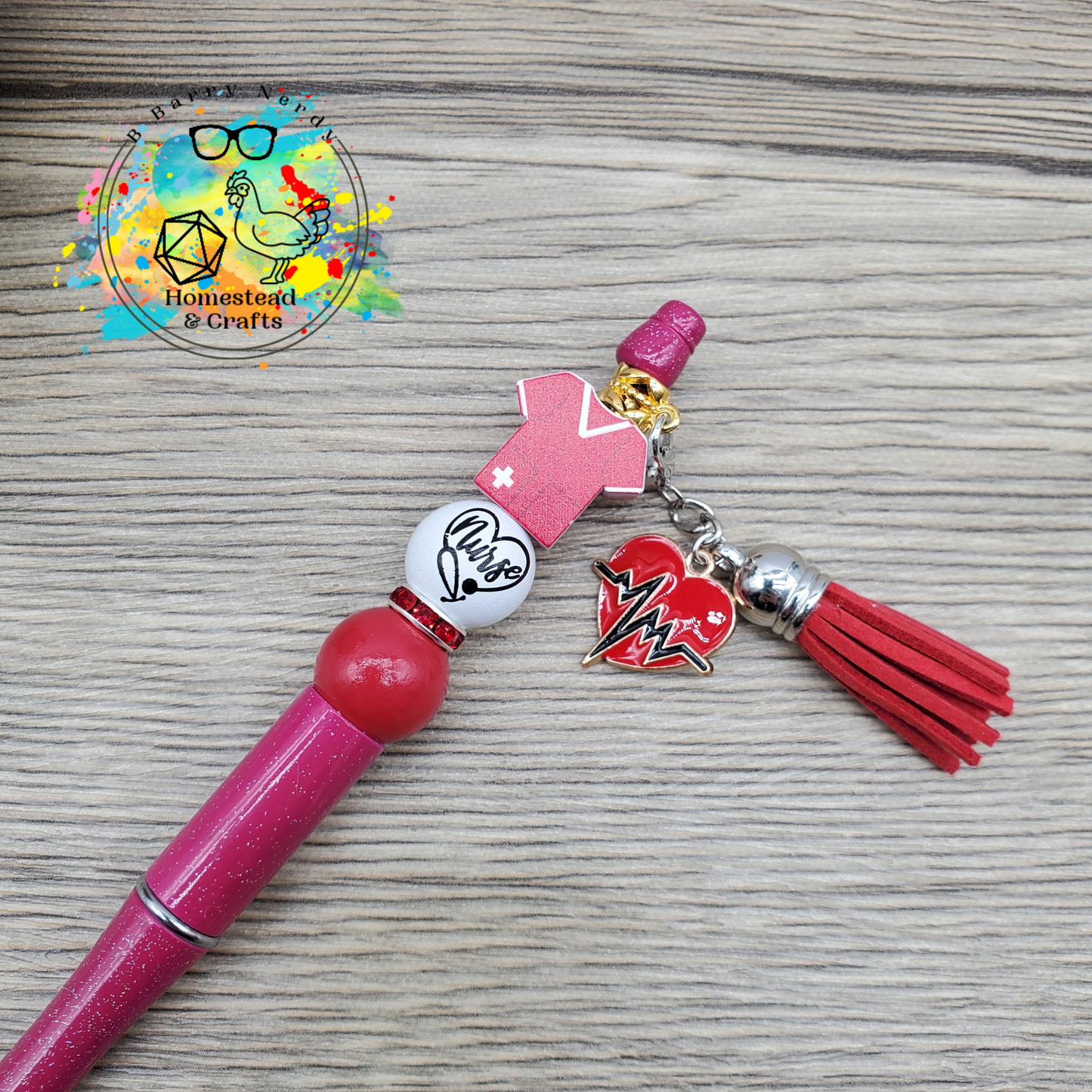 Red Scrubs Nurse Pen, Wood Beaded Black Ballpoint Pen
