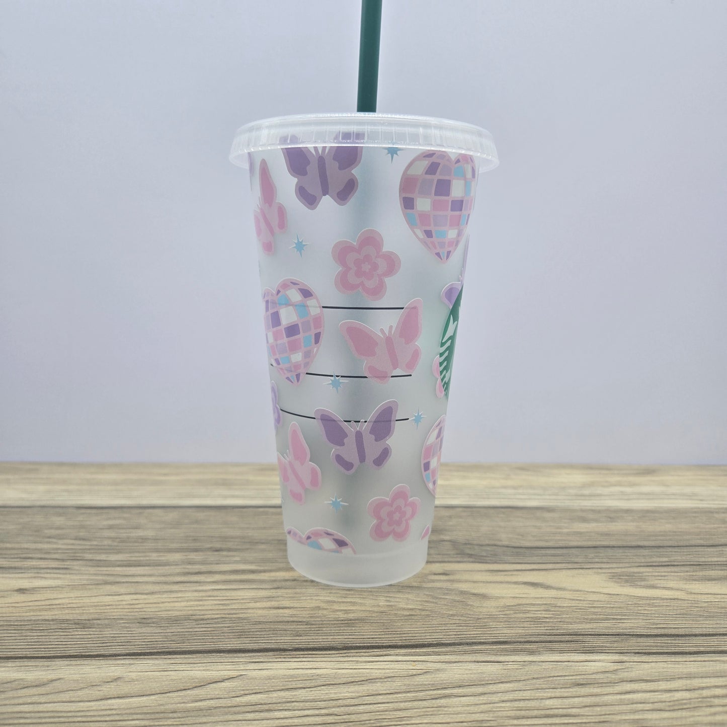 Spring Disco Hearts, Butterflies and Flowers Cup, Starbucks Cold Cup with Straw