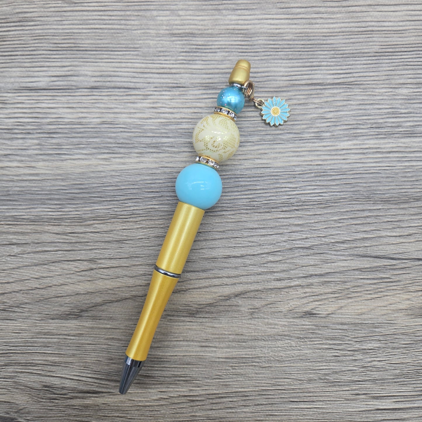 Blue and Gold Daisy, Acrylic Bubblegum Ballpoint Black Ink Pen