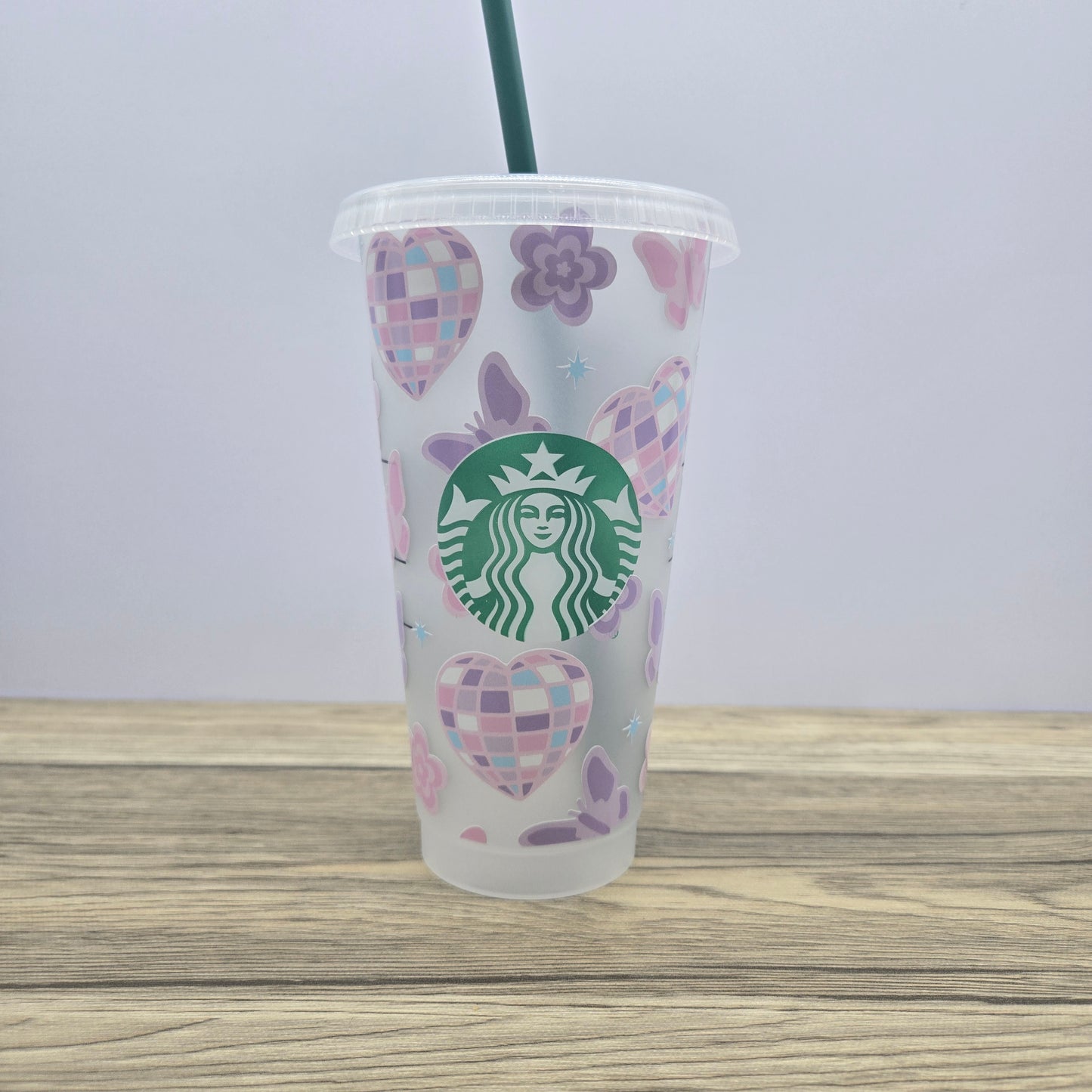 Spring Disco Hearts, Butterflies and Flowers Cup, Starbucks Cold Cup with Straw