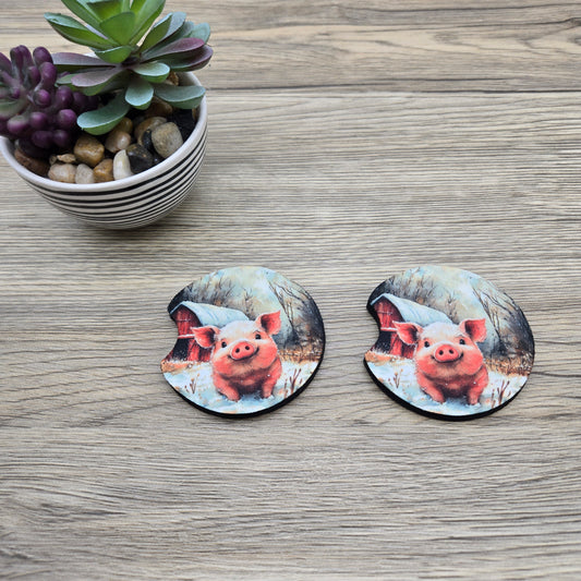 Winter Cute Pink Pig, Set of 2 Neoprene Car Coasters