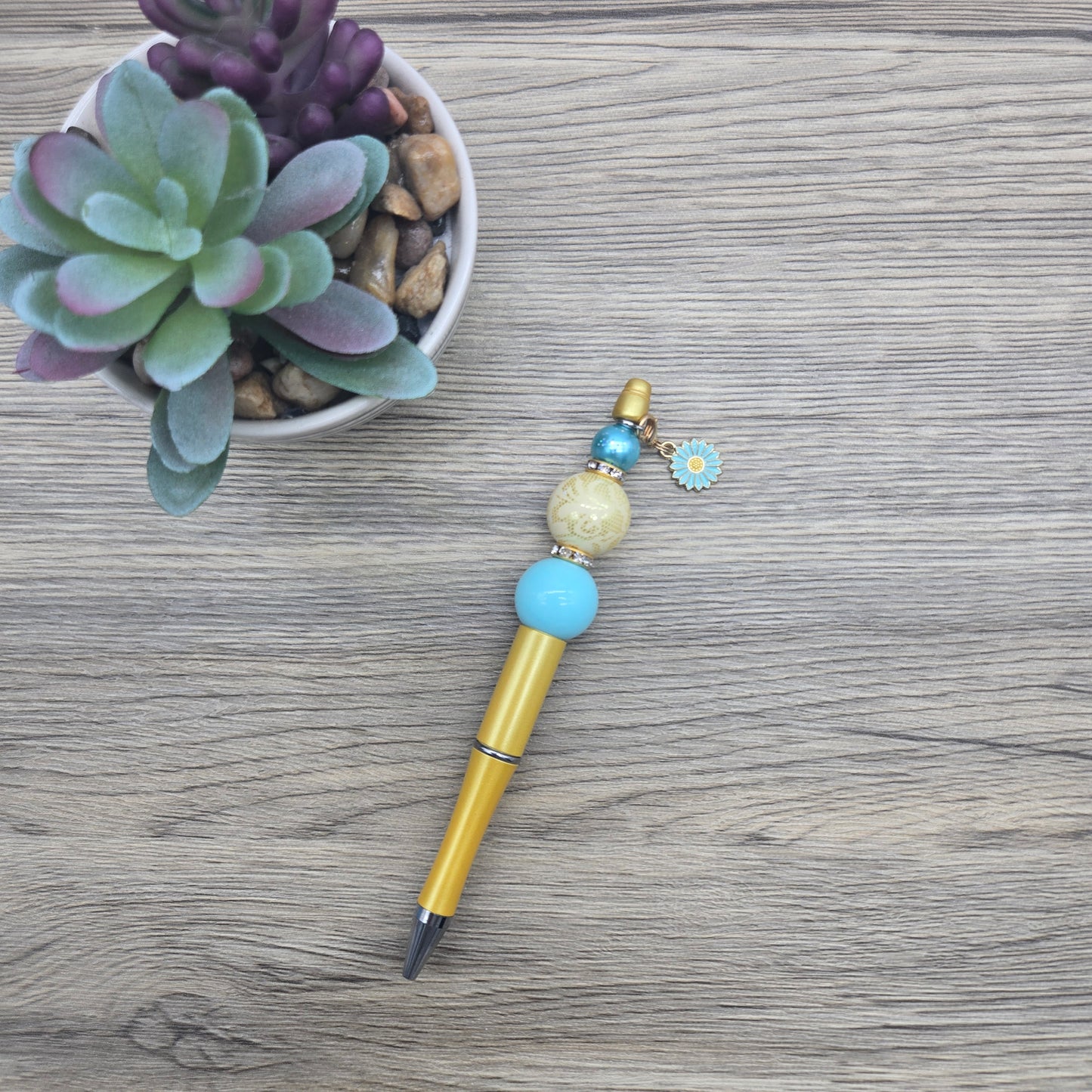 Blue and Gold Daisy, Acrylic Bubblegum Ballpoint Black Ink Pen