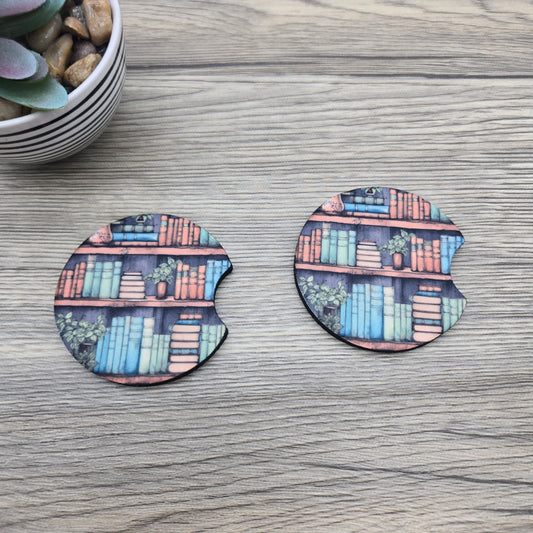 Watercolor Bookshelf with Plants, Set of 2 Neoprene Car Coasters