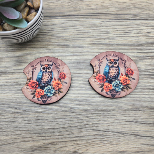 Regal Owl with Flowers, Set of 2 Neoprene Car Coasters