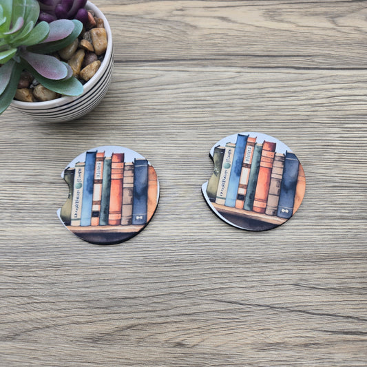 Watercolor Bookshelf, Set of 2 Neoprene Car Coasters