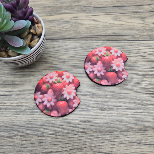 Strawberry Puff and White Daisies, Set of 2 Neoprene Car Coasters