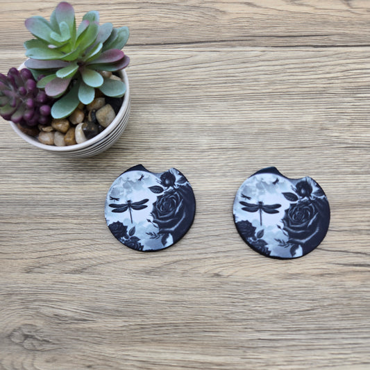 Black and White Dragonfly and Roses, Set of 2 Neoprene Car Coasters