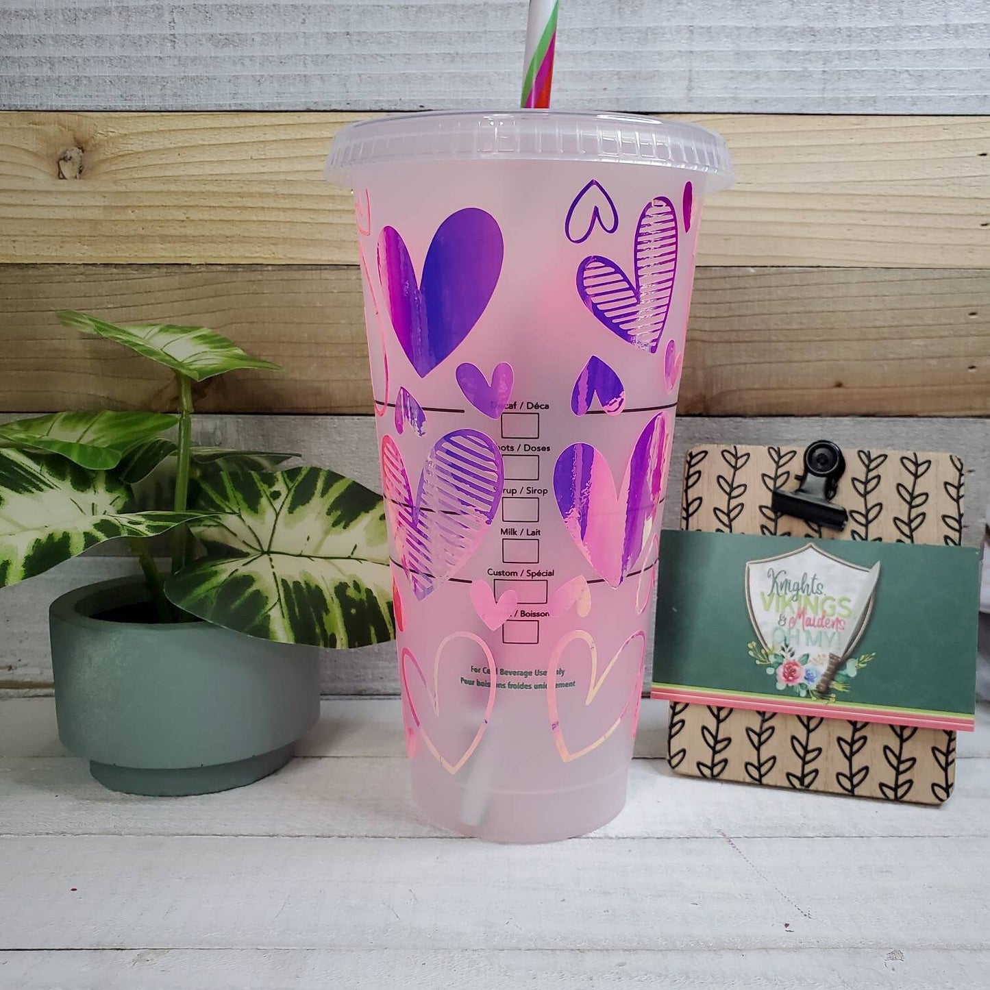 Pink Holographic Hearts Cup, Starbucks Cold Cup with Straw