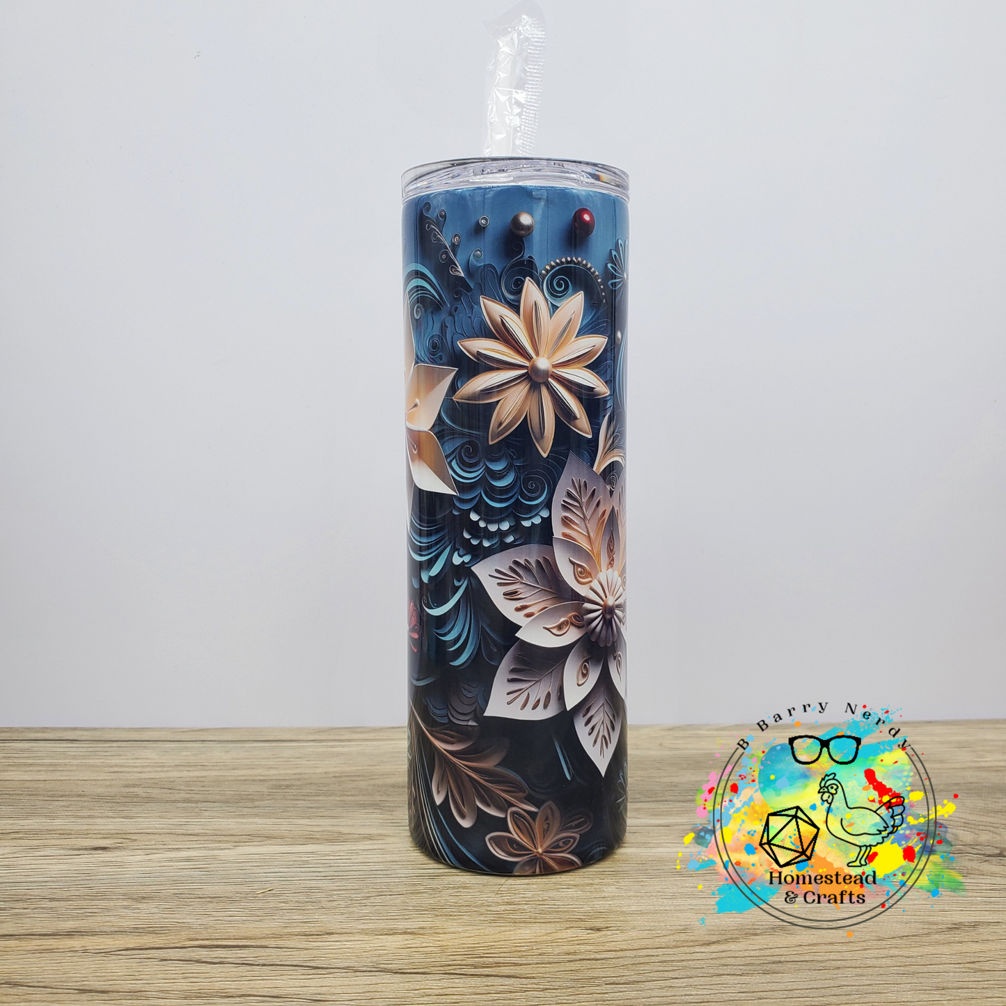 3D Style Blue Floral with White Flowers, 20oz Sublimated Steel Tumbler