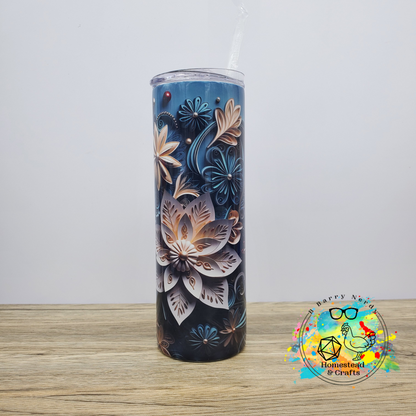 3D Style Blue Floral with White Flowers, 20oz Sublimated Steel Tumbler