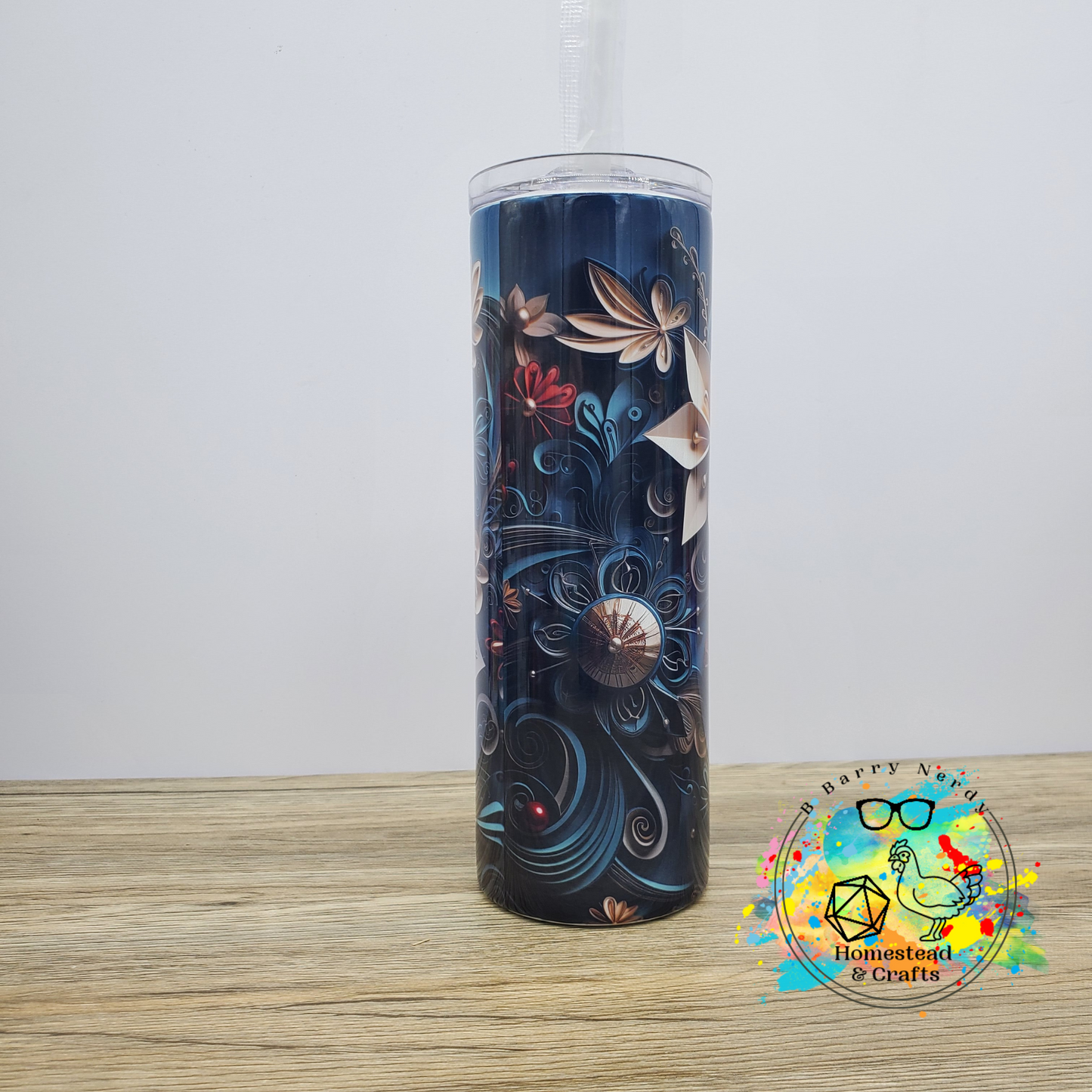 3D Style Blue Floral with White Flowers, 20oz Sublimated Steel Tumbler
