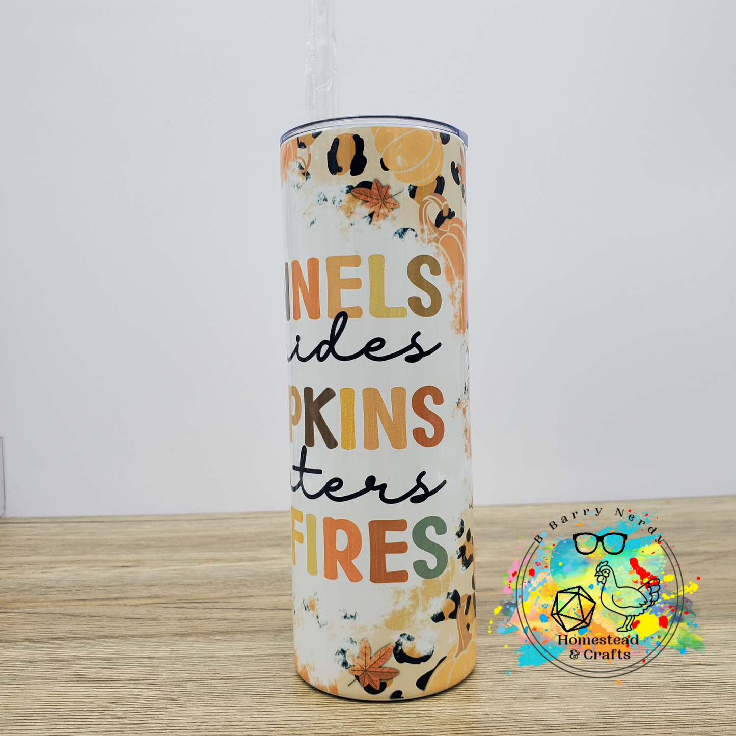 Flannel, Pumpkins, and Bonfires with Cheetah Background, 20 oz Sublimated Steel Tumbler