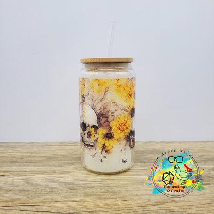 Skulls and Sunflowers, 16oz Sublimated Glass Can