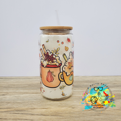 Fall Drinks with Leaves, 16oz Sublimated Glass Can