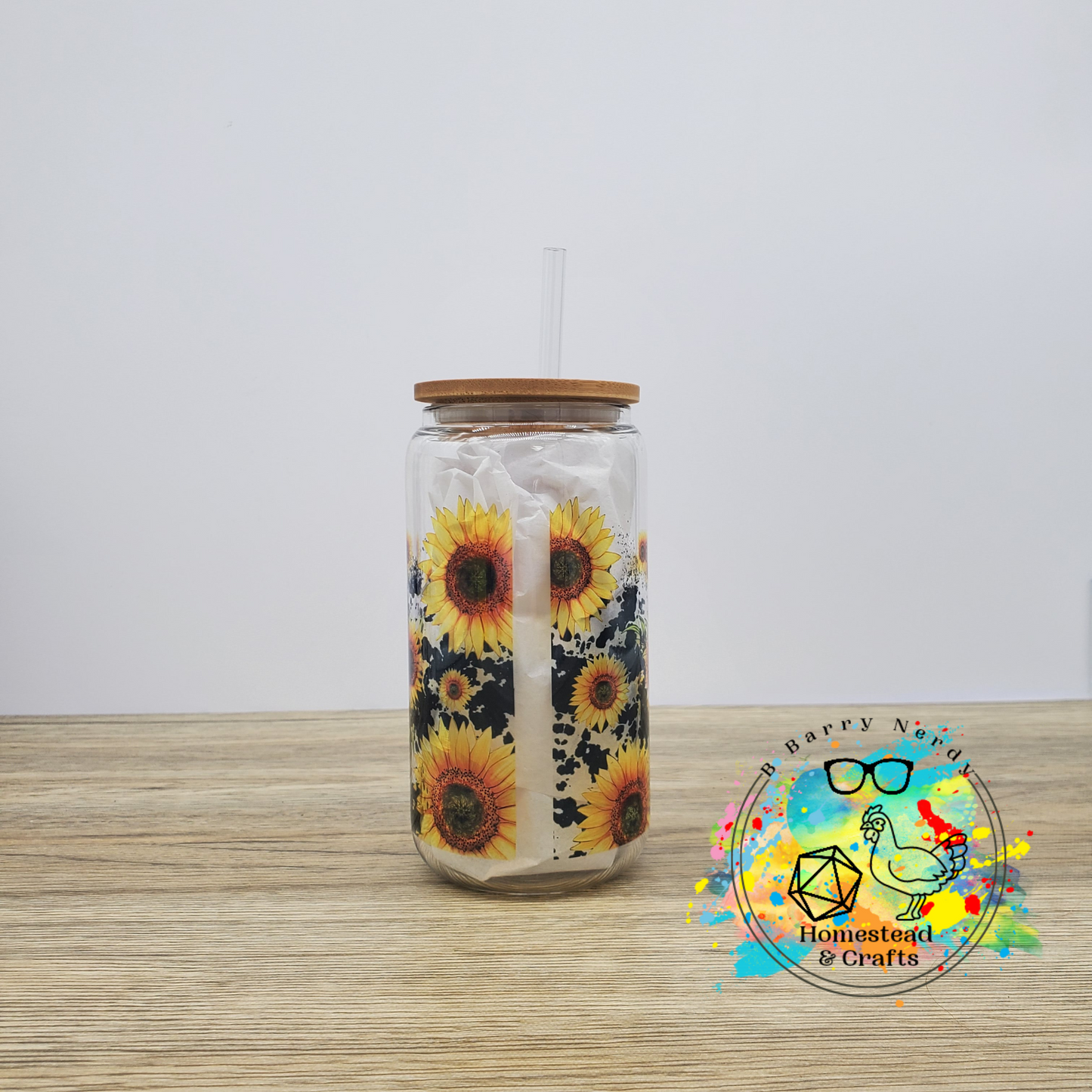Red Bandana Cow in Sunflowers, 16oz Sublimated Glass Can