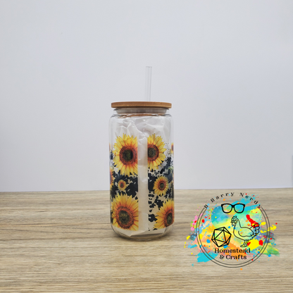 Red Bandana Cow in Sunflowers, 16oz Sublimated Glass Can