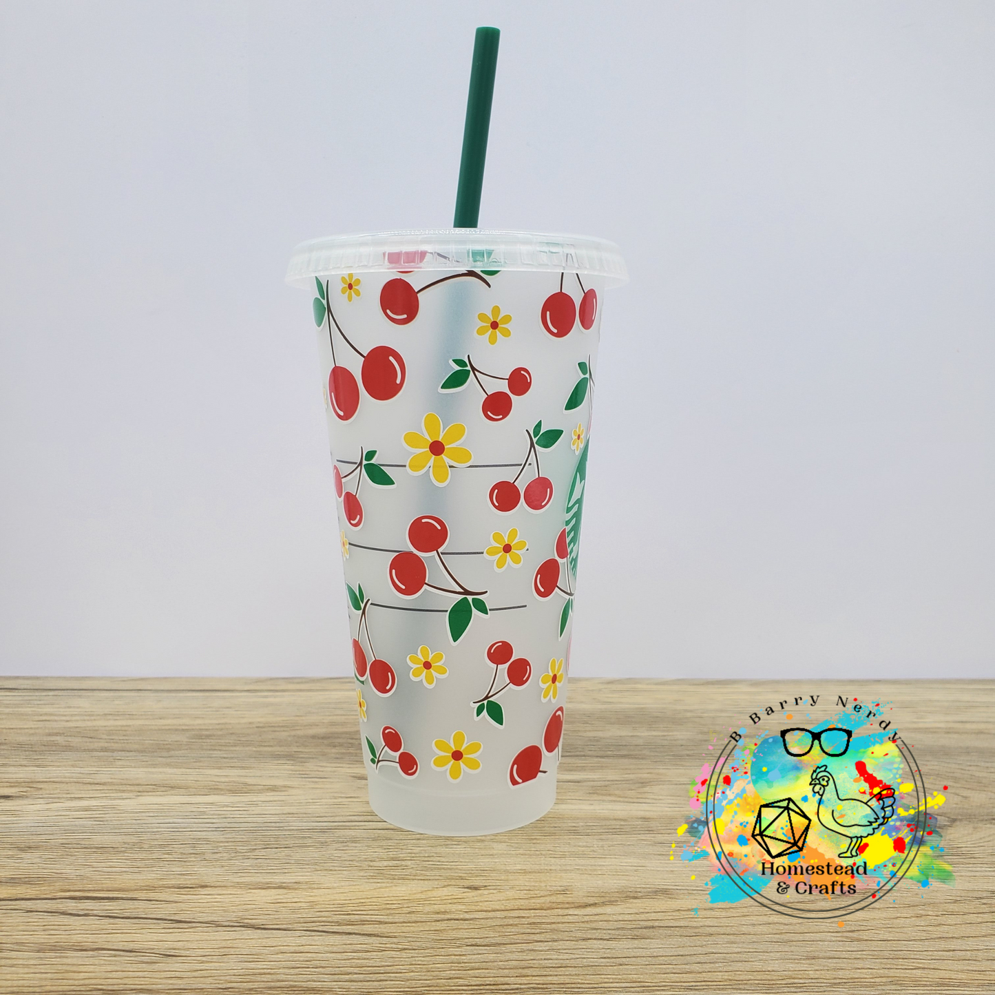 Cherries with Flowers, 24oz Starbucks Cold Cup with Straw