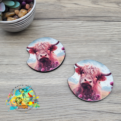 Highland Cow, Set of 2 Neoprene Car Coasters