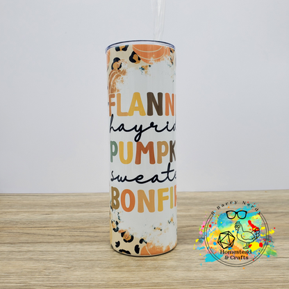 Flannel, Pumpkins, and Bonfires with Cheetah Background, 20 oz Sublimated Steel Tumbler