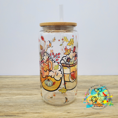 Fall Drinks with Leaves, 16oz Sublimated Glass Can