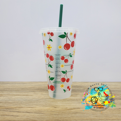 Cherries with Flowers, 24oz Starbucks Cold Cup with Straw