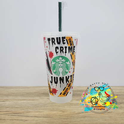 True Crime Junkies Crime Scene Tape, 24oz Starbucks Cold Cup with Straw