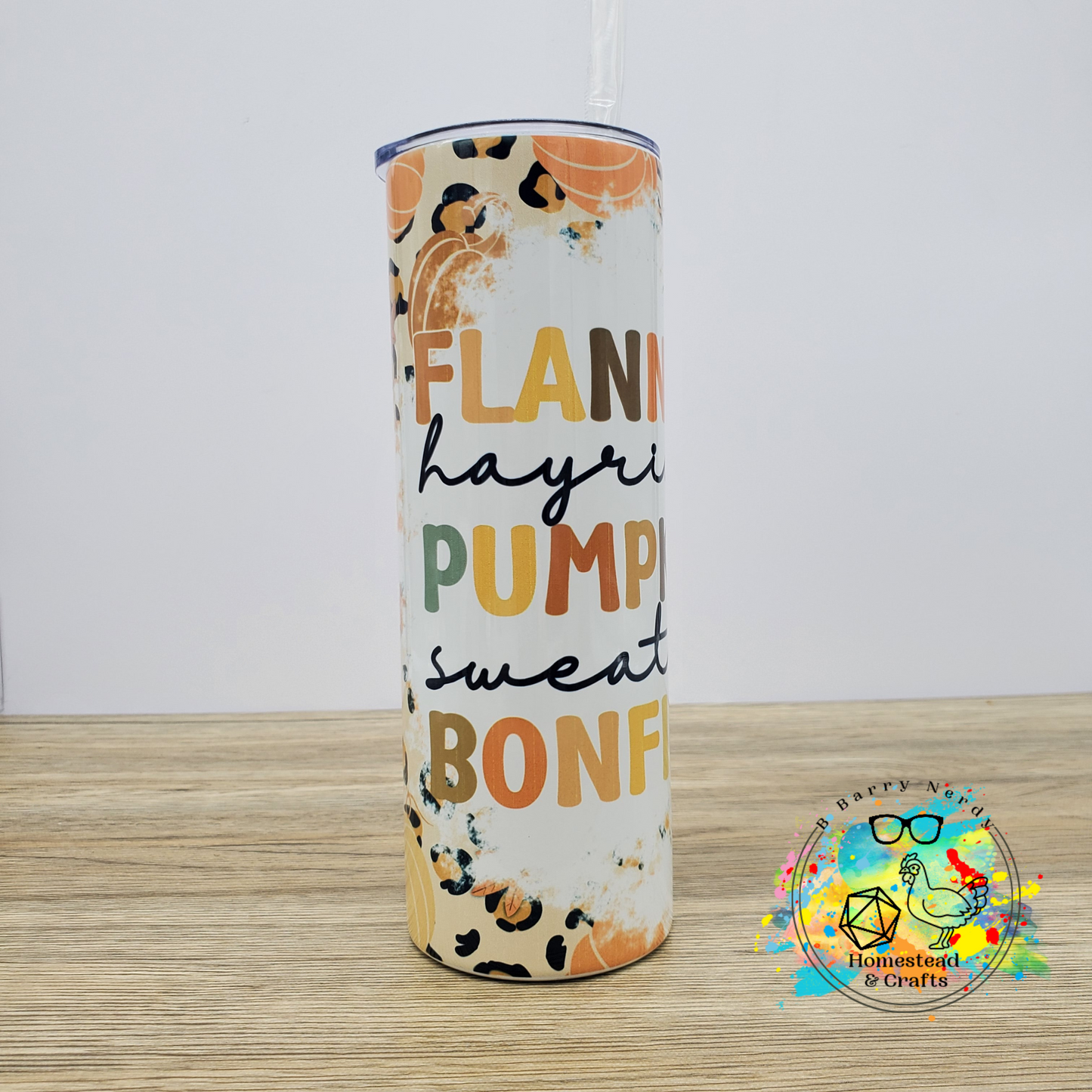 Flannel, Pumpkins, and Bonfires with Cheetah Background, 20 oz Sublimated Steel Tumbler