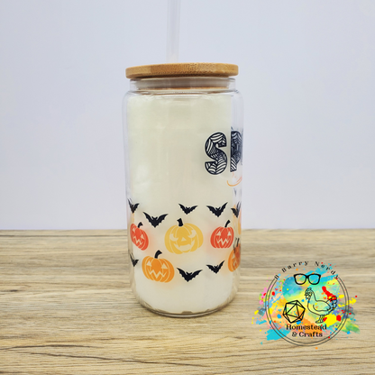 Spooky Bats and Pumpkins, 16oz Sublimated Glass Can