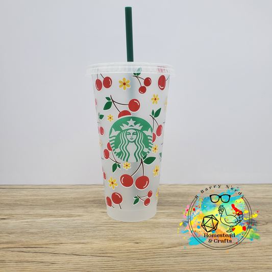 Cherries with Flowers, 24oz Starbucks Cold Cup with Straw