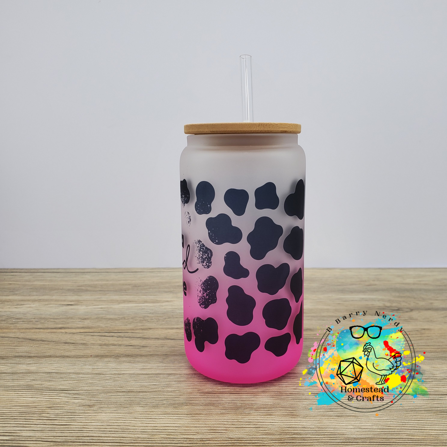 Mama Needs Coffee Cow Print, 16oz Sublimated Glass Can
