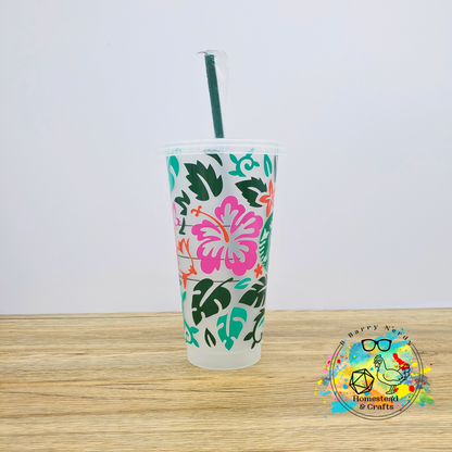 Tropical Hibiscus and Monstera, 24oz Starbucks Cold Cup with Straw