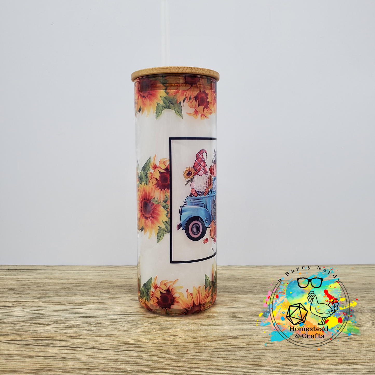 Gnome Trucks in the Fall, 25oz Sublimated Glass Can