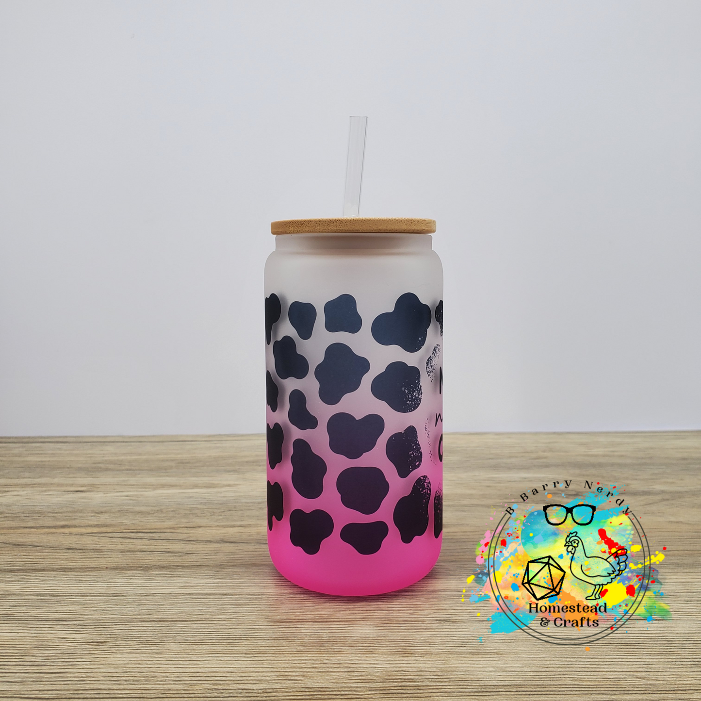 Mama Needs Coffee Cow Print, 16oz Sublimated Glass Can