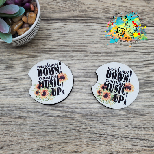 Windows Down Country Music Up, Set of 2 Neoprene Car Coasters