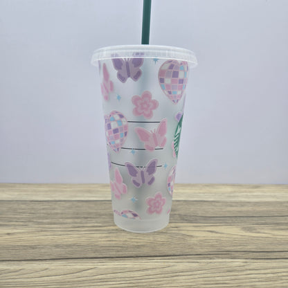 Spring Disco Hearts, Butterflies and Flowers Cup, Starbucks Cold Cup with Straw