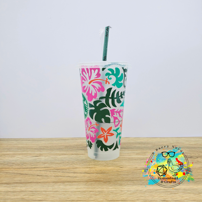 Tropical Hibiscus and Monstera, 24oz Starbucks Cold Cup with Straw