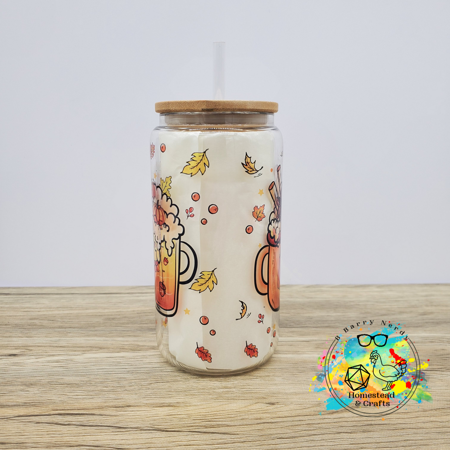 Fall Drinks with Leaves, 16oz Sublimated Glass Can