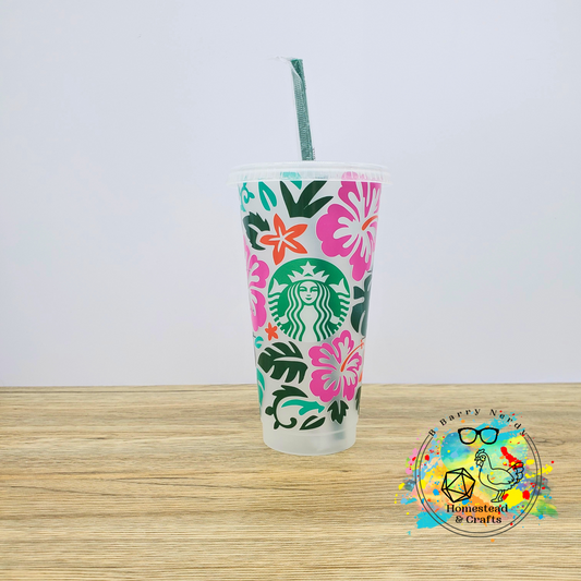 Tropical Hibiscus and Monstera, 24oz Starbucks Cold Cup with Straw