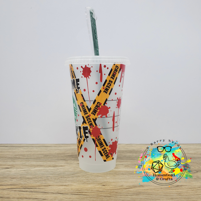 True Crime Junkies Crime Scene Tape, 24oz Starbucks Cold Cup with Straw