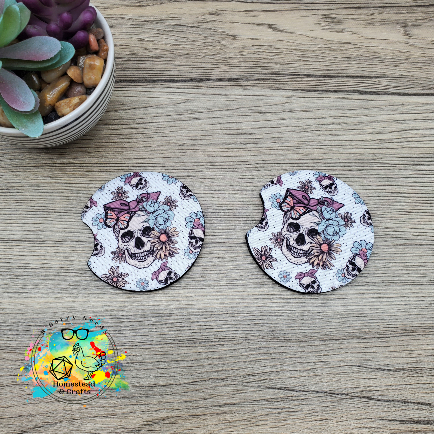 Floral Skull with Bow, Set of 2 Neoprene Car Coasters