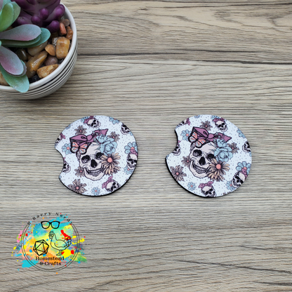 Floral Skull with Bow, Set of 2 Neoprene Car Coasters