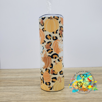 Flannel, Pumpkins, and Bonfires with Cheetah Background, 20 oz Sublimated Steel Tumbler