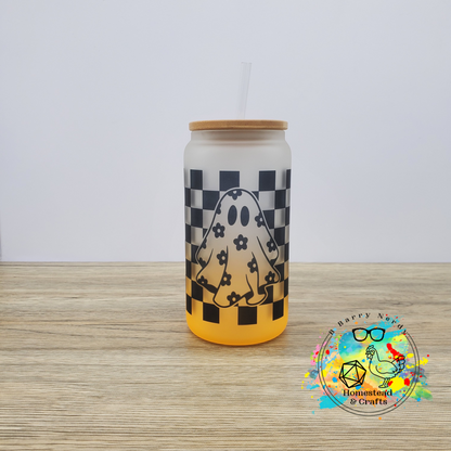 Retro Ghost Checkerboard, 16oz Sublimated Glass Can