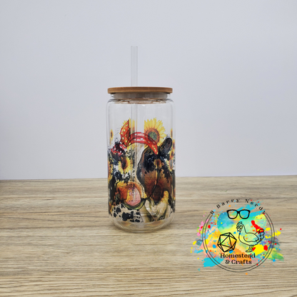 Red Bandana Cow in Sunflowers, 16oz Sublimated Glass Can