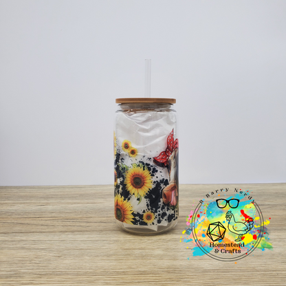 Red Bandana Cow in Sunflowers, 16oz Sublimated Glass Can