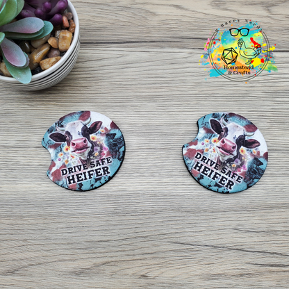 Drive Safe Heifer, Set of 2 Neoprene Car Coasters