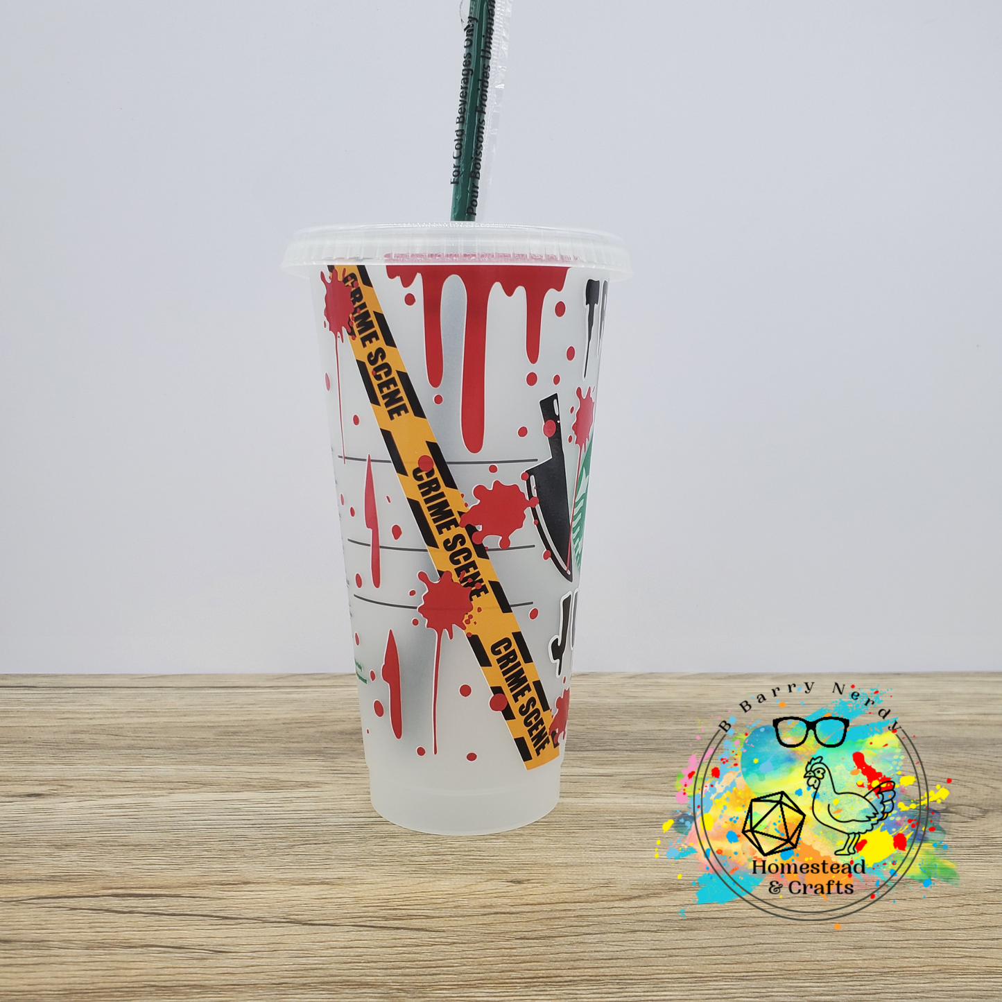 True Crime Junkies Crime Scene Tape, 24oz Starbucks Cold Cup with Straw